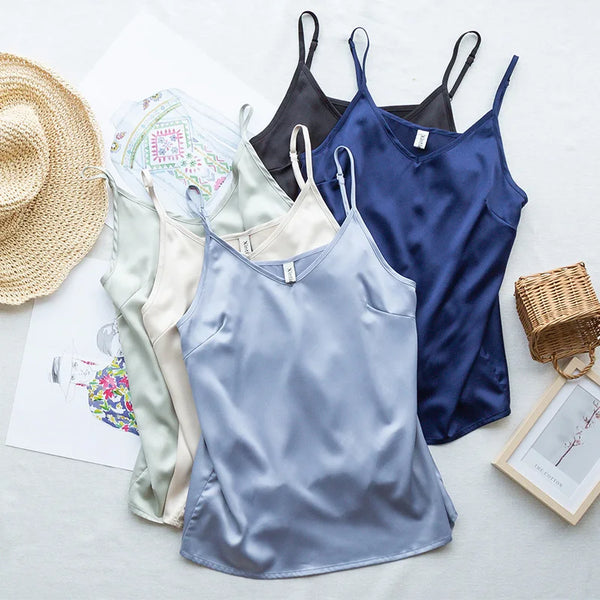 Satin Spaghetti Strap V-Neck Tank Tops for Women – Vintage Harajuku Style Summer Tops with Sleeveless Design for Trendy Girls